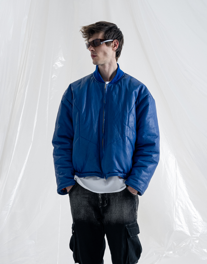 REVERIE LEATHER PUFFER BOMBER JACKET - BLUE