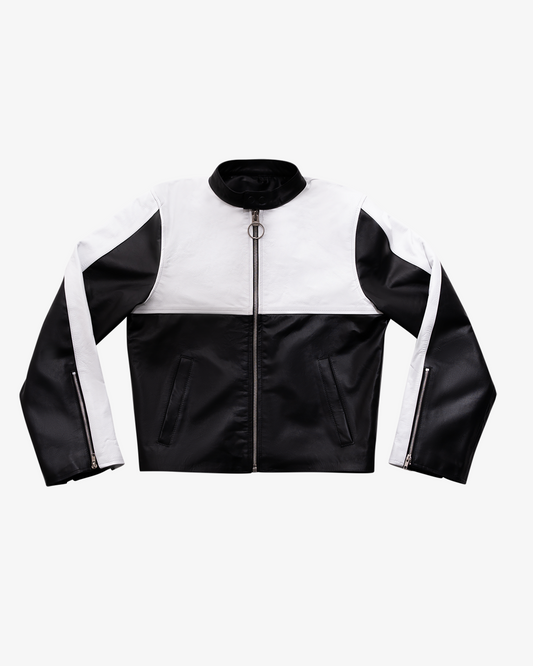 LEATHER BIKER JACKET - BLACK / WHITE